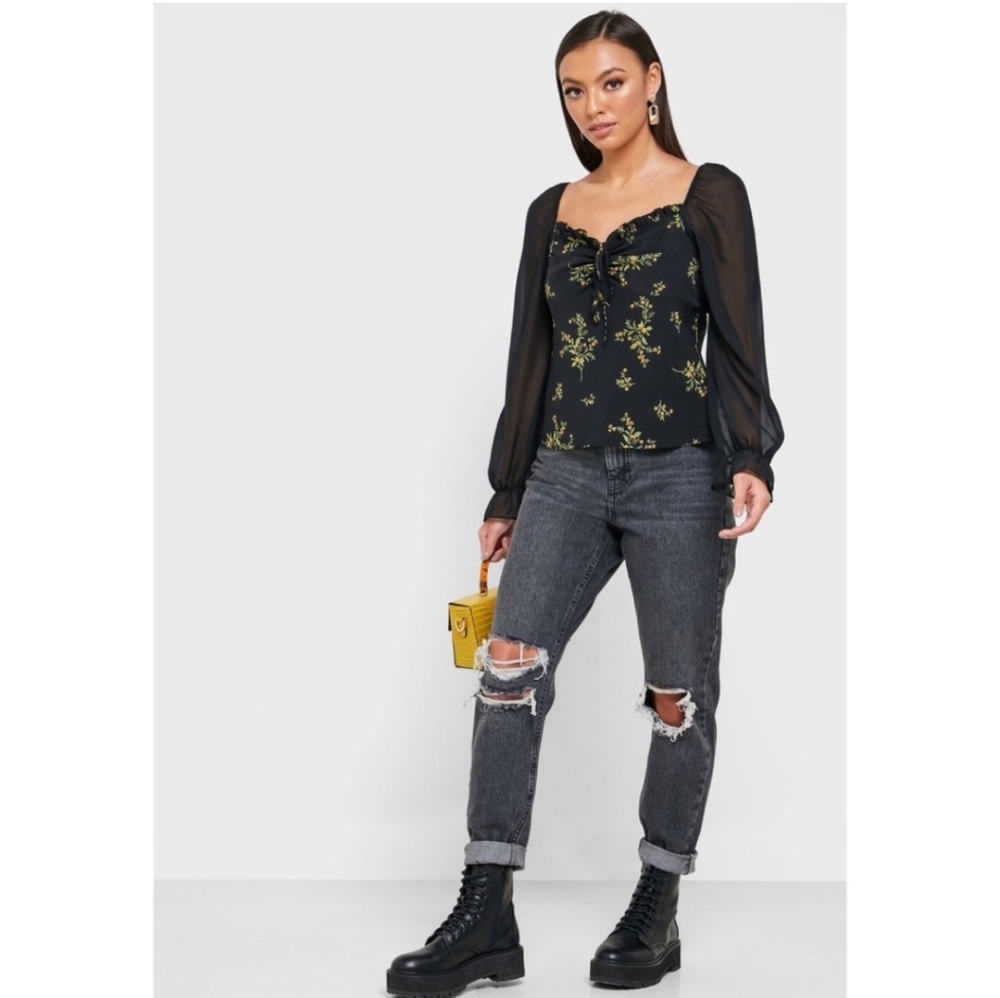 Topshop Palermo Floral Blouse Peasant Long Sleeve Y2k 90s Boho Bohemian Top Sz 4